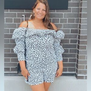 Black and white floral off the shoulder mini dress
